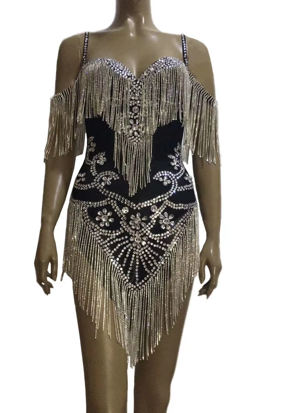 Shining Tassel Rhinestone Party Bodysuit Women Sexy Fringes Crystal Latin Dance Dress Nightclub DJ Singer Dancer Stage Outfits