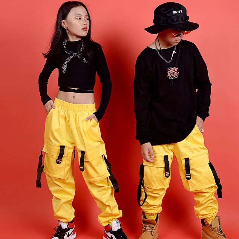 Hip Hop Dance Costumes Boys Girls Street Dancing Clothing Yellow Overalls Pants Stage Rave Outfit Jazz Performance Wear DN4636 |