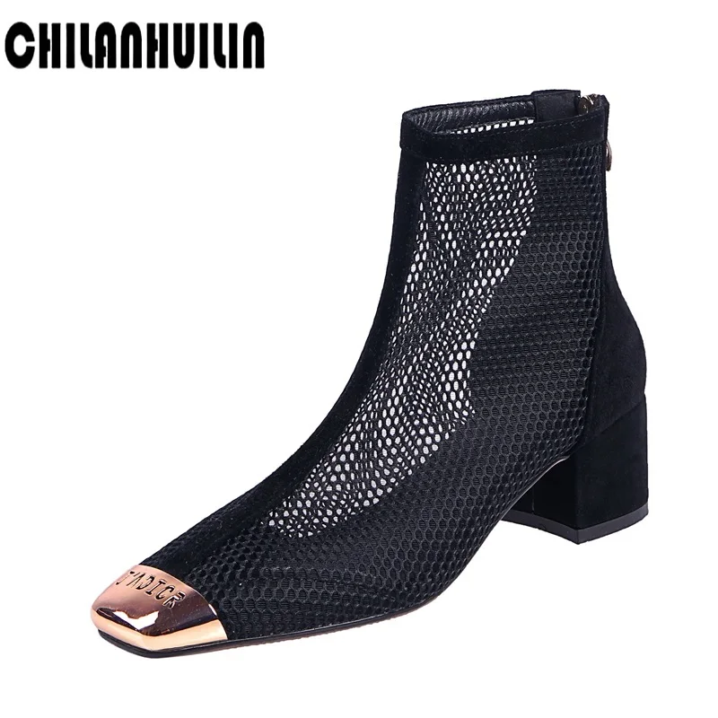 

shoes women summer ankle boots mesh cut out hollow metal square toe bootie shoes woman pumps transparent thick high heel sandals