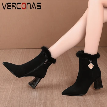 

VERCONAS Offcie Lady Ankle Boots For Women New Metal Decoration Kid Suede Shoes Woman Autumn Winter Fashion Zipper Basic Boots