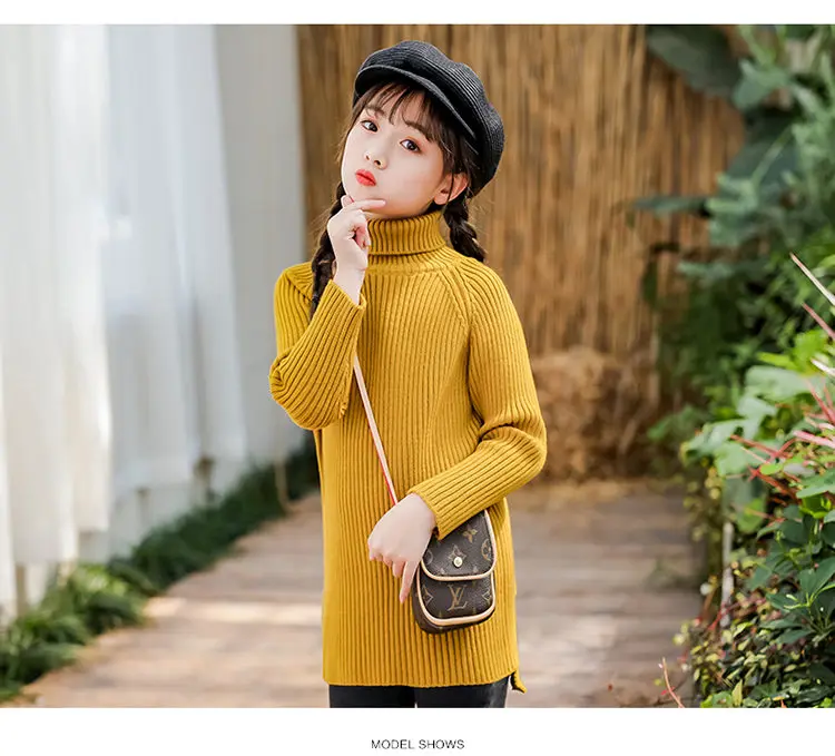Детский свитер в Корейском стиле с высоким воротником для девочек, кашемировый Хлопковый вязаный свитер с высоким воротником, черный, бежевый, фиолетовый цвет имбиря, высокое качество