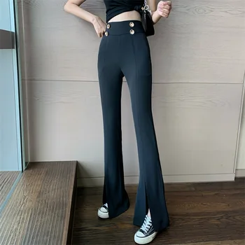

High Waist Slits Flared Pants 2020 Summer Net Red Same Thin Thin Button Micro Trumpet Pants Floor Pants Women