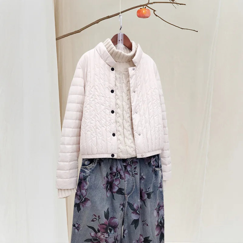 Thin down Jacket Women's Short Spring And Autumn Stand Collar Literature And Art Retro National Wind Versatile Vertical Striped