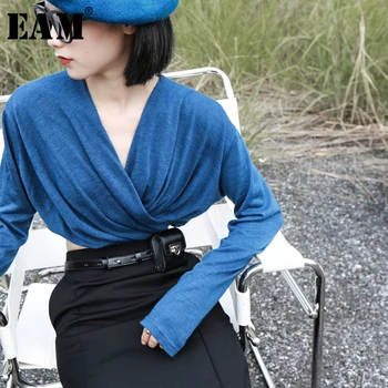 

[EAM] Women Blue Brief Pleated Split Temperament T-shirt New V-Neck Long Sleeve Fashion Tide Spring Autumn 2020 1K285