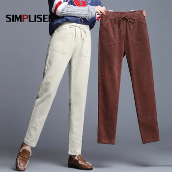 

2019 Winter Autumn Corduroy Trousers Women Drawstring Harem Pants Black Beige Plus Size 3XL Womens Sweatpants Elastic Waist