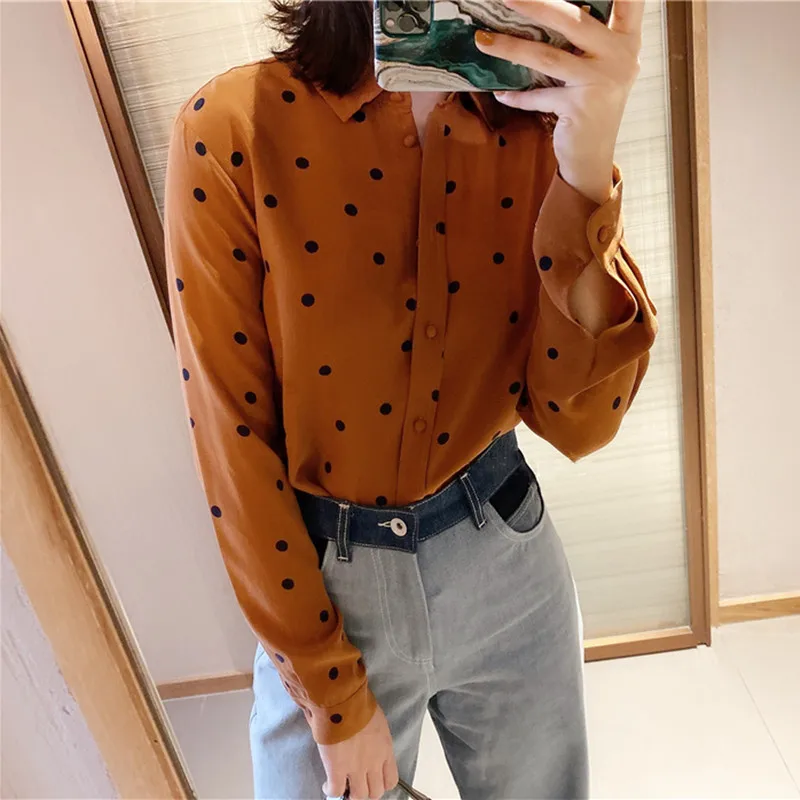 

Women's Slik Polka Dot Print Blouse Long Sleeve Turn-down Collar 2020 Spring Autumn Shirt