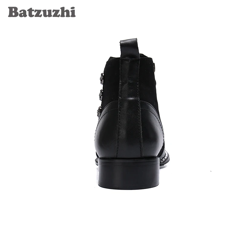 Batzuzhi Western Fashion Men's Boots Pointed Metal Toe Genuine Leather Dress Boots Business Black Leather Boots Botas Militares