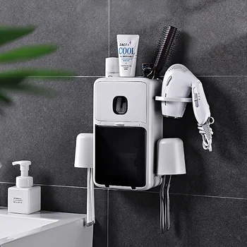 

Multifunction Toothbrush Holder Automatic Toothpaste Dispenser Wall Mounted Bathroom Accessories Set Bathroom Storage Rack