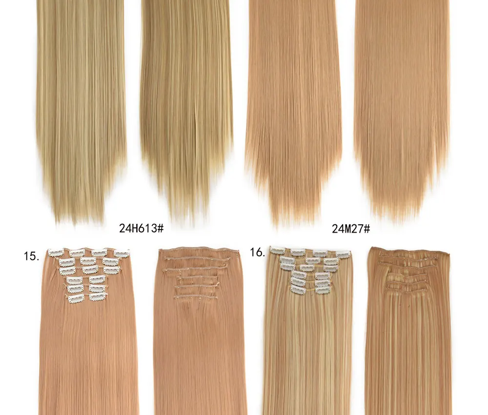 Grampo em Extensões do Cabelo Clipes em Falsos Resistente ao Calor do Cabelo Sintético em Linha Peruca 140g 16 Styling Reta 6 Pçs - Set 24 7 set 24