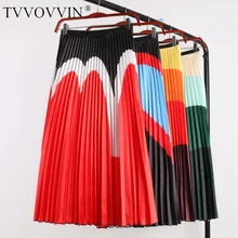 Высокая улица Женская высокая эластичность полосатая Радужная печать миди плиссированная длинная юбка Jupe Femme трапециевидная юбка миди X317