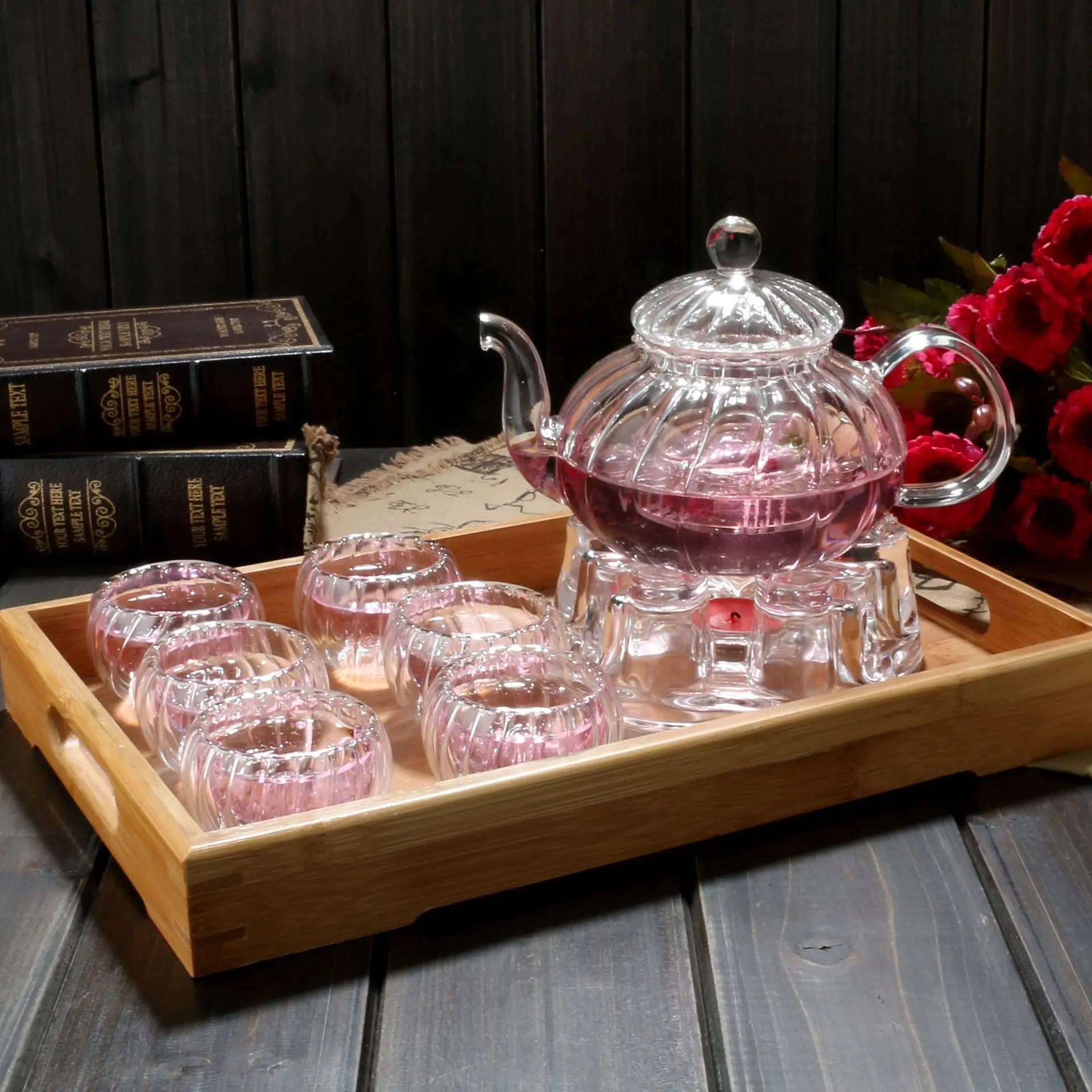

Glass Teapot Kung Fu Tea Set Stripes Pot Set With Base Heat-resistant Glass Whole Set Flower Pot Set