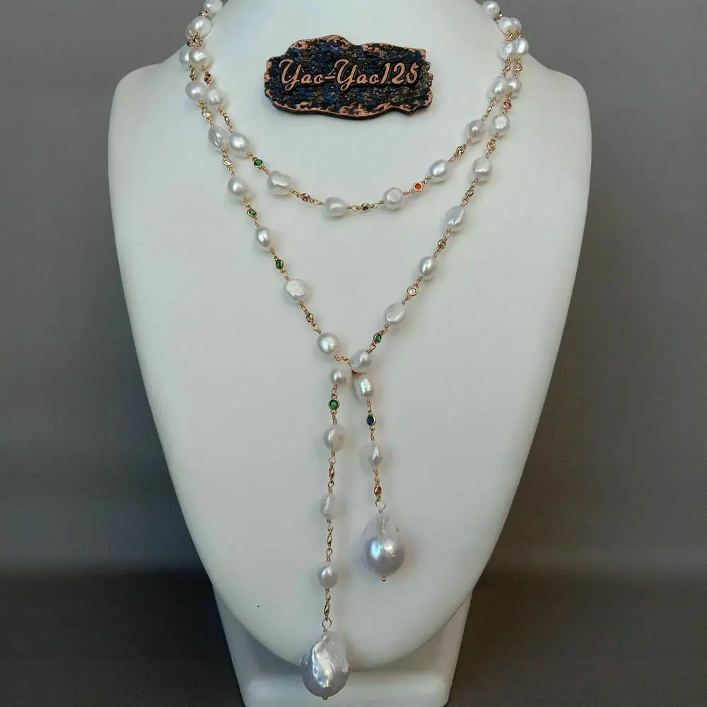 

51'' Freshwater White Keshi Pearl Mixed Color Cz Pave Chain Long Necklace