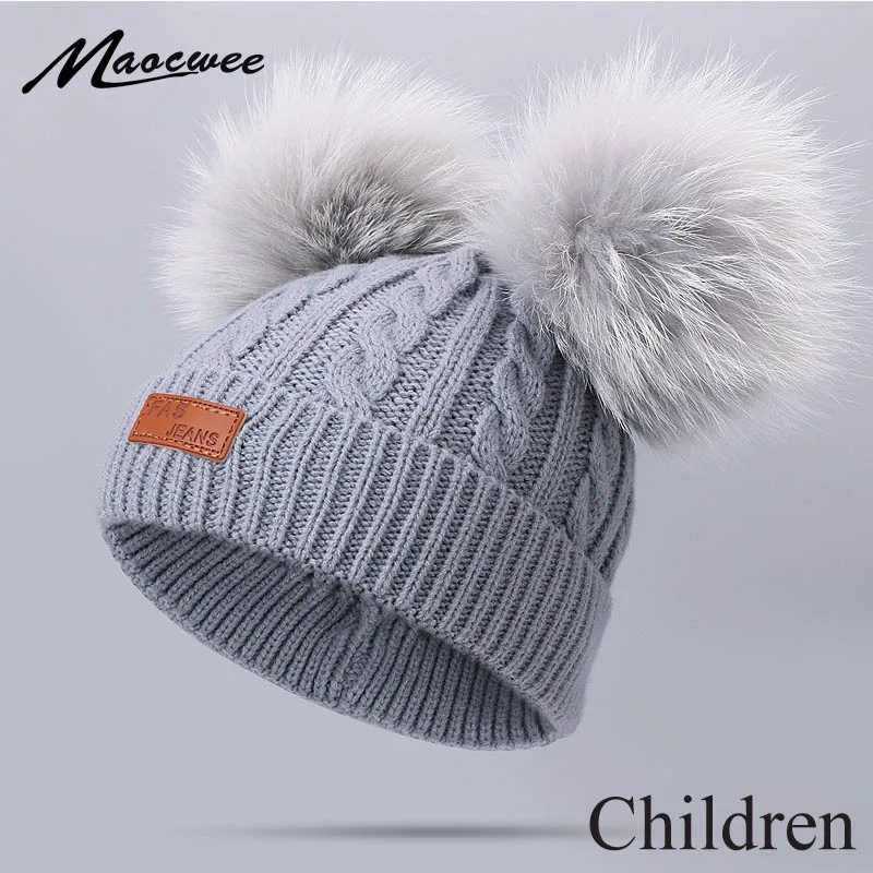 Детская зимняя двойная помпоновая шапочка, шапка для детей, вязаная, теплая, уличная, плотная, Skullies, шапочки с натуральным цветным мехом
