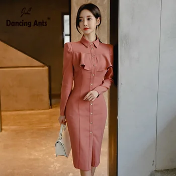 

Woman Pencil Dress for Office OL Vestidos Trend 2020 Long Sleeve Mid-length Polo Bodycon Dresses Button