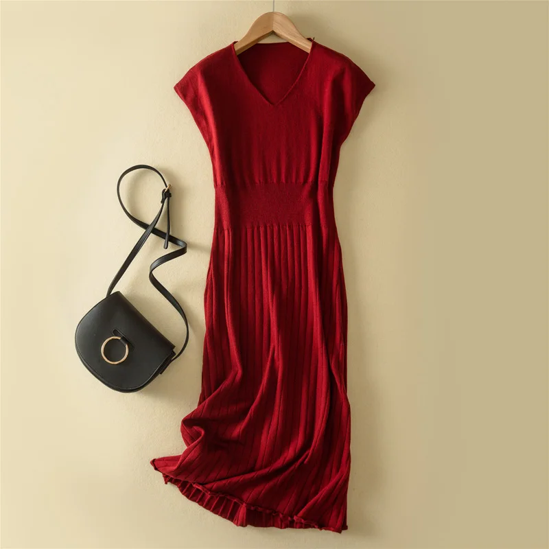 Летнее драпированное платье без рукавов Длинный плиссированный женский v-образный вырез свободный элегантный эластичный пояс Тонкий кашемировый трикотажный свитер платья - Цвет: Красный