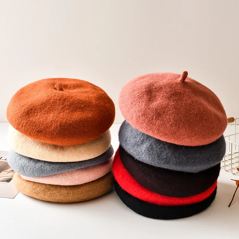 

Fashion Winter Solid Color Wool Beret Hat Women Warm Travel Hat Female French Elegant Berets Ladies Vintage Walking Painter Cap