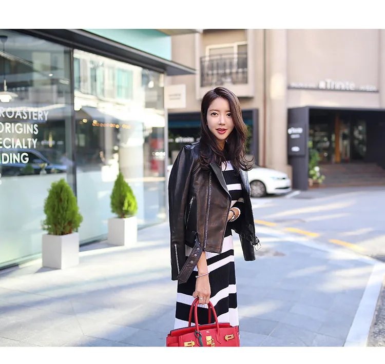 Женское платье, осень и зима, стиль, корейский стиль, элегантное, облегающее, вязанное, черно-белое, смешанные цвета, в полоску, длинное S