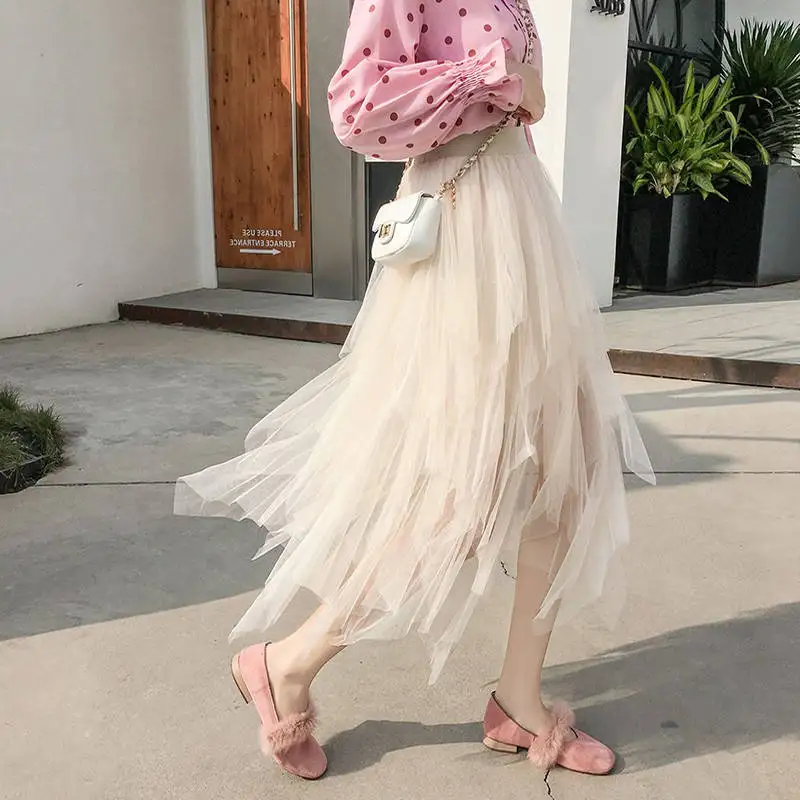 Асимметричные сетчатые тюлевые юбки для женщин s Jupe Femme, розовая длинная юбка-пачка макси, Falda Mujer, сексуальная эластичная Женская юбка с высокой талией, C6055