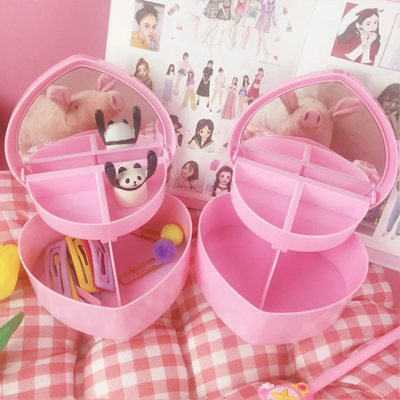 2 слоя розовое сердце складная шкатулка органайзер для макияжа колье кольцо ожерелье аксессуары для волос коробка для хранения с зеркалом подарок для девочек