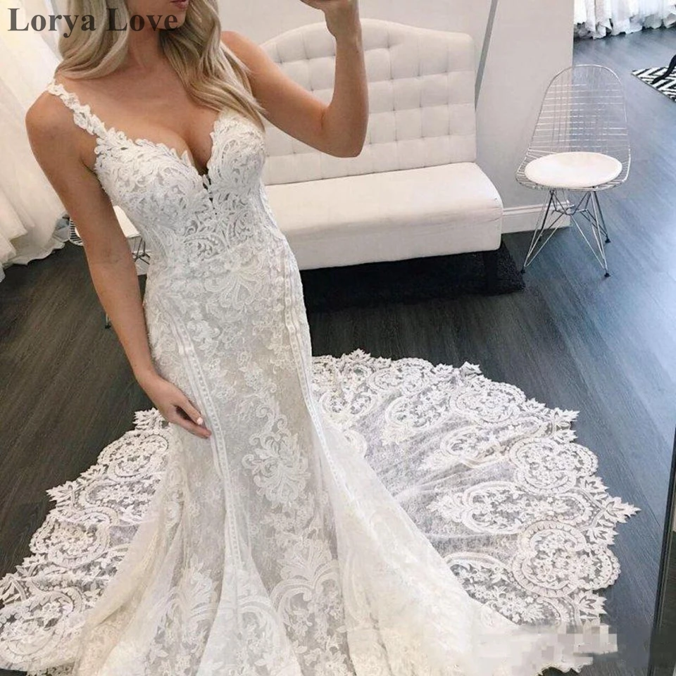 

Sexy V-Neck Mermaid Wedding Dresses 2020 Elegant Backless Beach Bridal Gowns Lace Long Backless Sexy Vestido De Noiva Plus Size