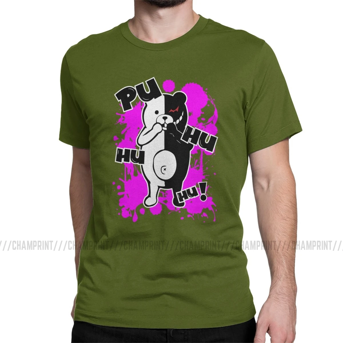 Monokuma Danganronpa мужские футболки, Винтажная футболка с коротким рукавом и круглым вырезом, футболки из чистого хлопка, летняя одежда - Цвет: Армейский зеленый