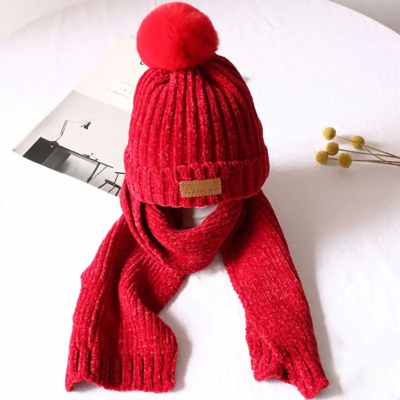 Вязаная шапка с помпоном для маленьких мальчиков и девочек, шарф, перчатки, комплект из 3 предметов, вязаная шапка в рубчик с манжетами, детская зимняя теплая спортивная одежда для улицы