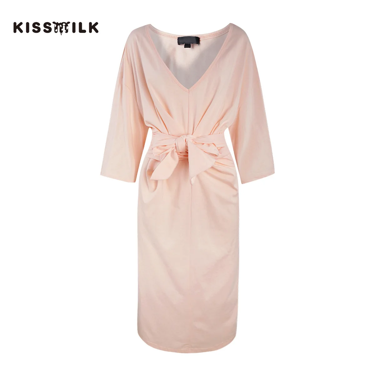 

Kisilk Europe And America Large Size V-neck Waist of Bow Decoration Long-sleeved Dress