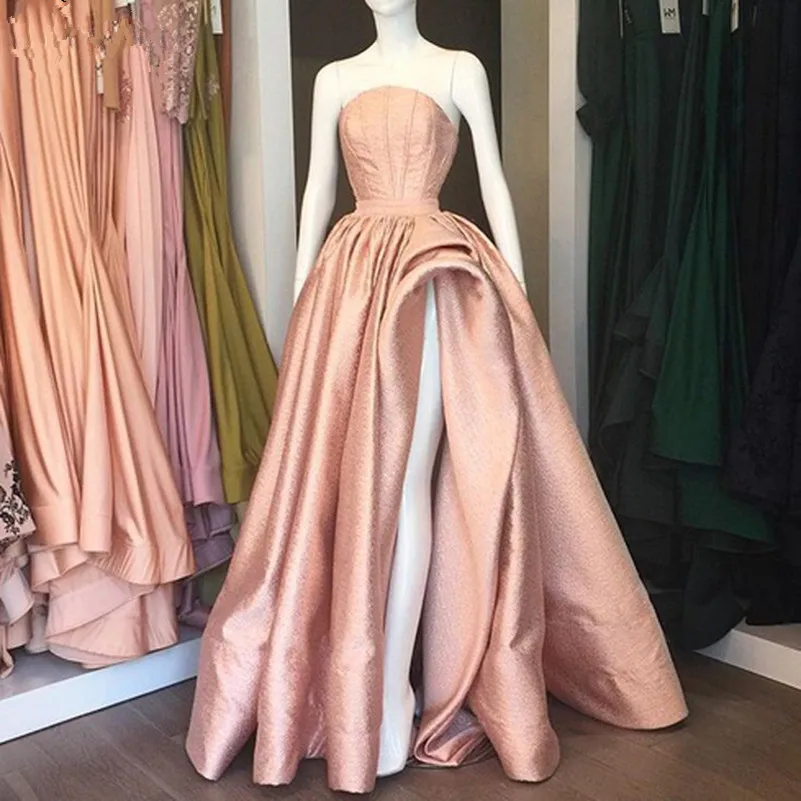 

2020 Sexy High Slit Chic Prom Dress Robe de soiree Peach Pink Unique Pleated Long Evening Dress Formal Party Gowns Abendkleider