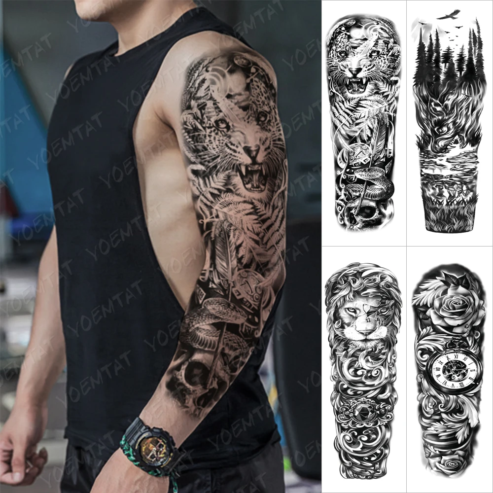 Large Arm Sleeve Tattoo Leopard Treasure Waterproof Temporary Tatto Sticker Snake Skull Body Art Full Fake Tatoo Women Men Temporary Tattoos Aliexpress
