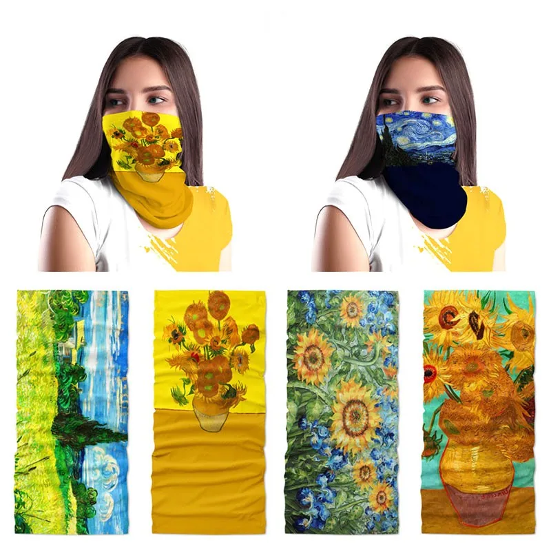 3D Printed Van Gogh Sunflower Oil Painting Art Hijab Scarf Men Women Sports Antiperspirant Ice Silk Bandana Fun Mask Kerchief printed scarf women scarves