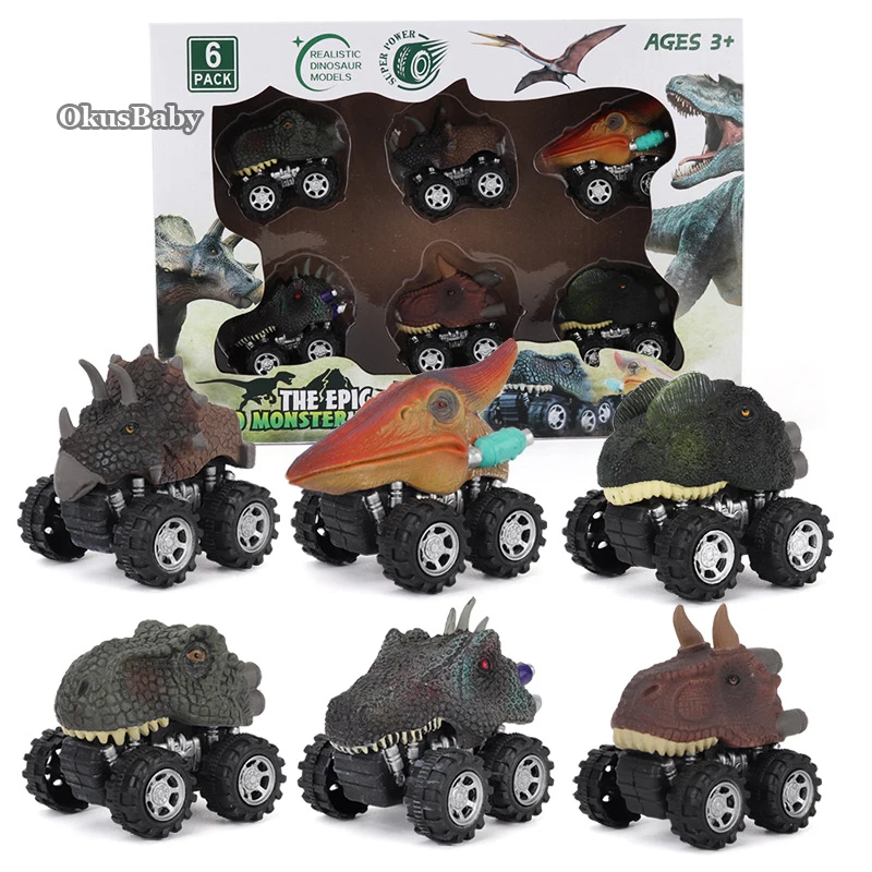 6pcs Set Toy Vehicle Dinosaur Model Mini Toy Car Inertial Back Small Truck For Kids Christmas Gift Set with Color Original Box