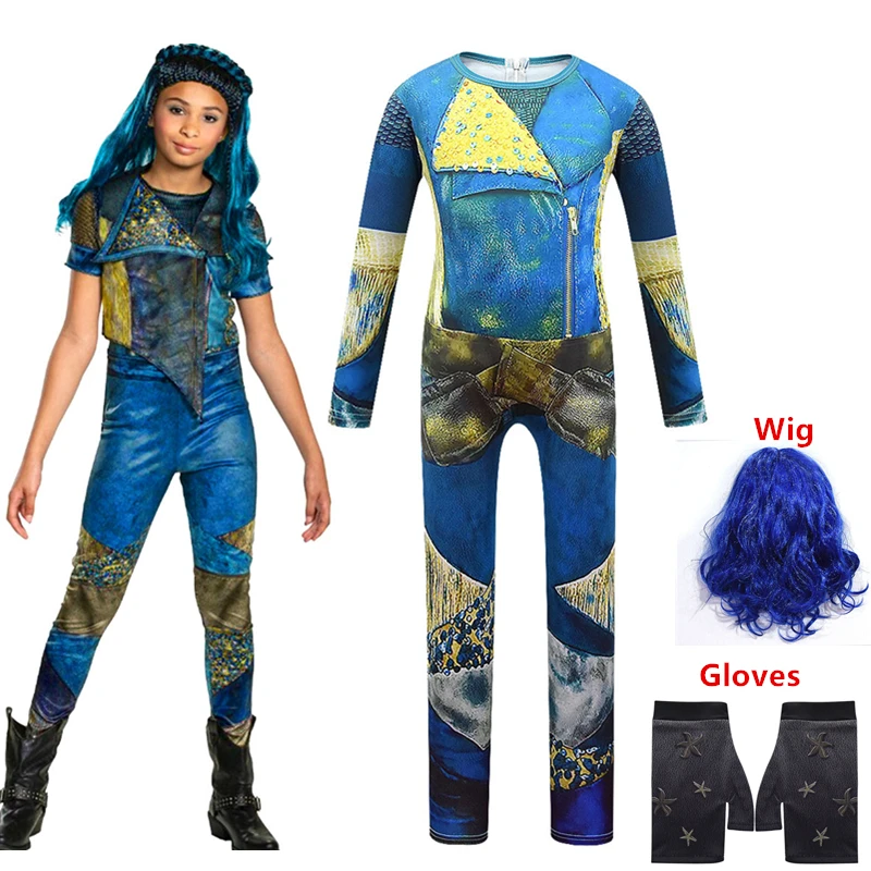 

2020 Halloween Descendants 3 Cosplay Leotard Wig + Gloves Girls Halloween Party Performance Costume