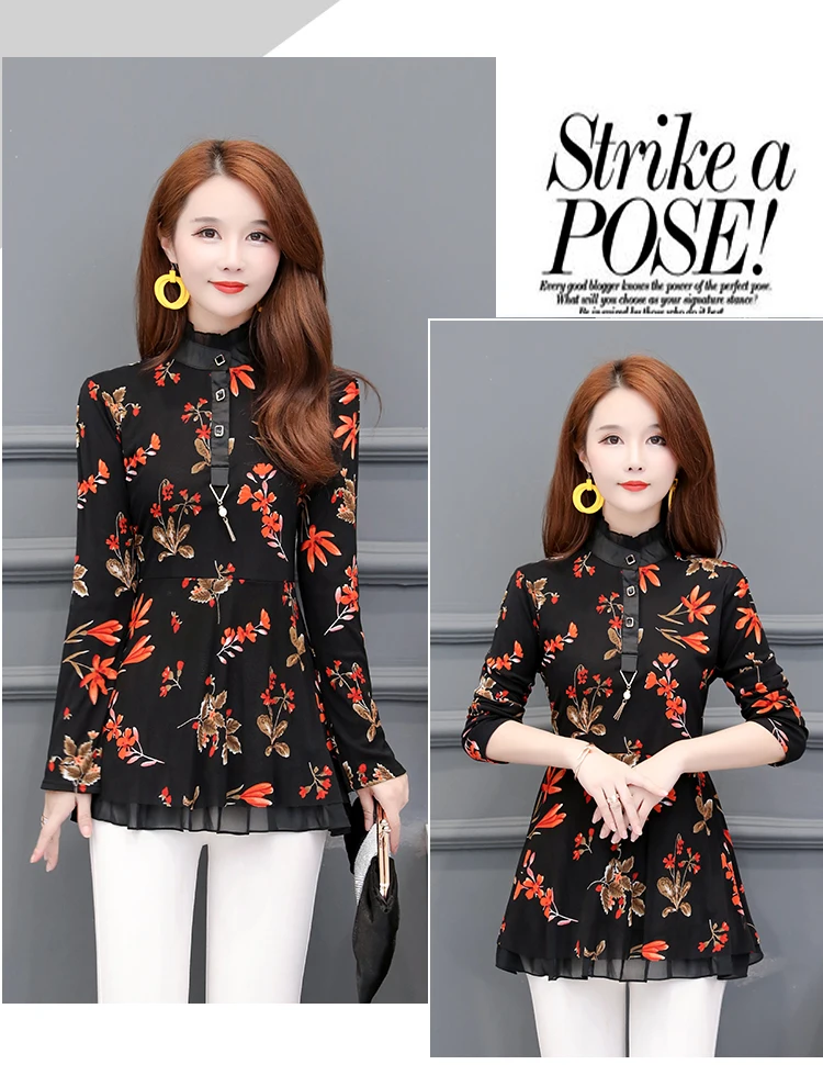 Winter Warm Velvet Peplum Top Women Basic Shirts Blouses Elegant Office Lady Party Floral Leopard Vintage Tunic Top Velour S610