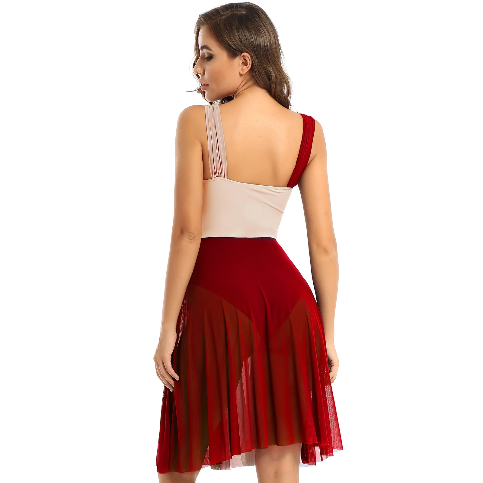 Women Dance Dress Sleeveless Color Block Ballet Modern Contemporary Lyrical Asymmetrical Chiffon Mesh Splice Leotards