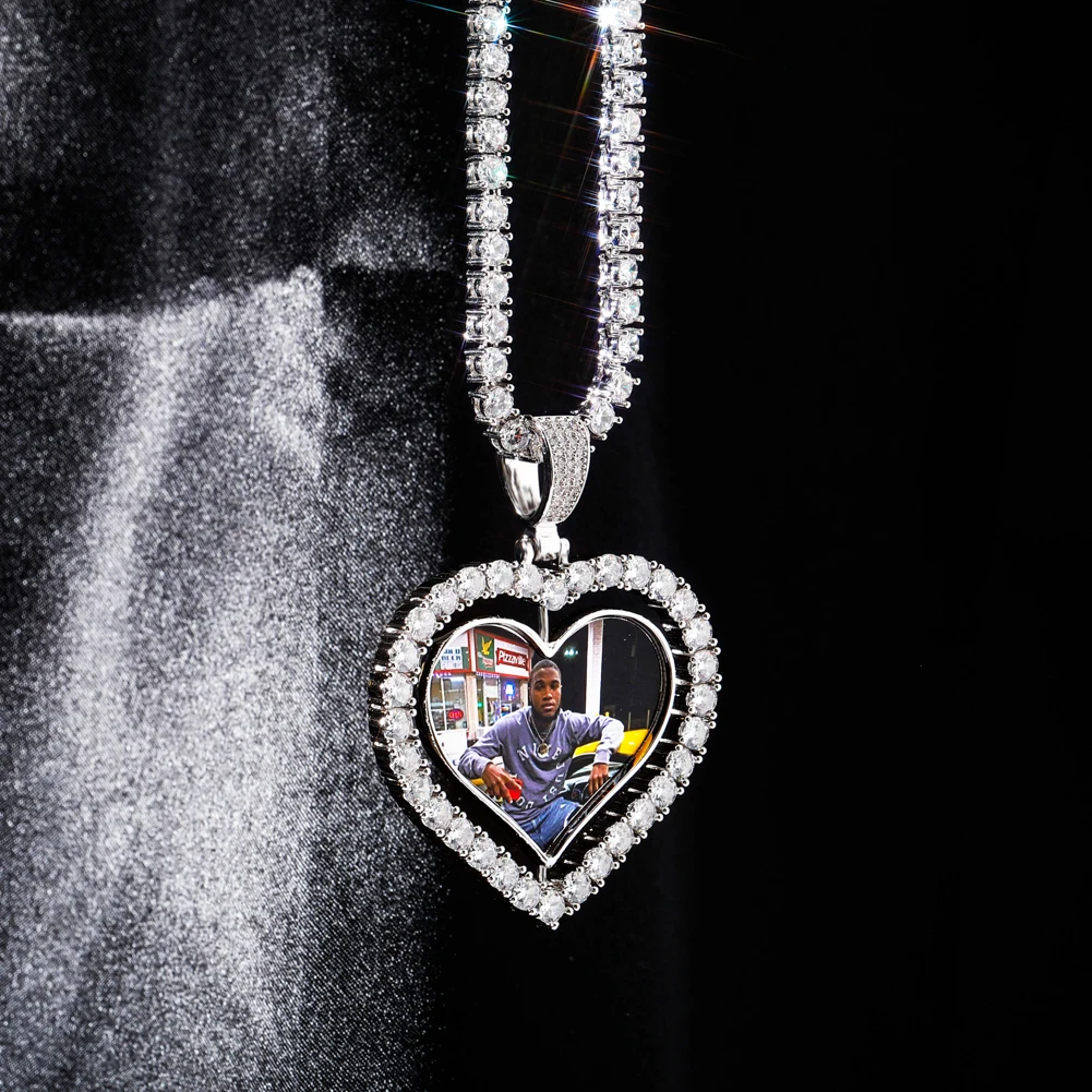 TOPGRILLZ Heart Shaped Custom Photo Spin Double Sided Medallion Pendant Necklace With 4mm Tennis Chain Zircon Hip Hop Jewelry