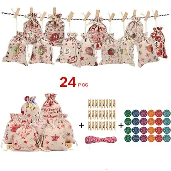 

24pcs/set Christmas Series Advent Calendar Filling Candy Bag Linen Stickers Clips Bags 10x14cm