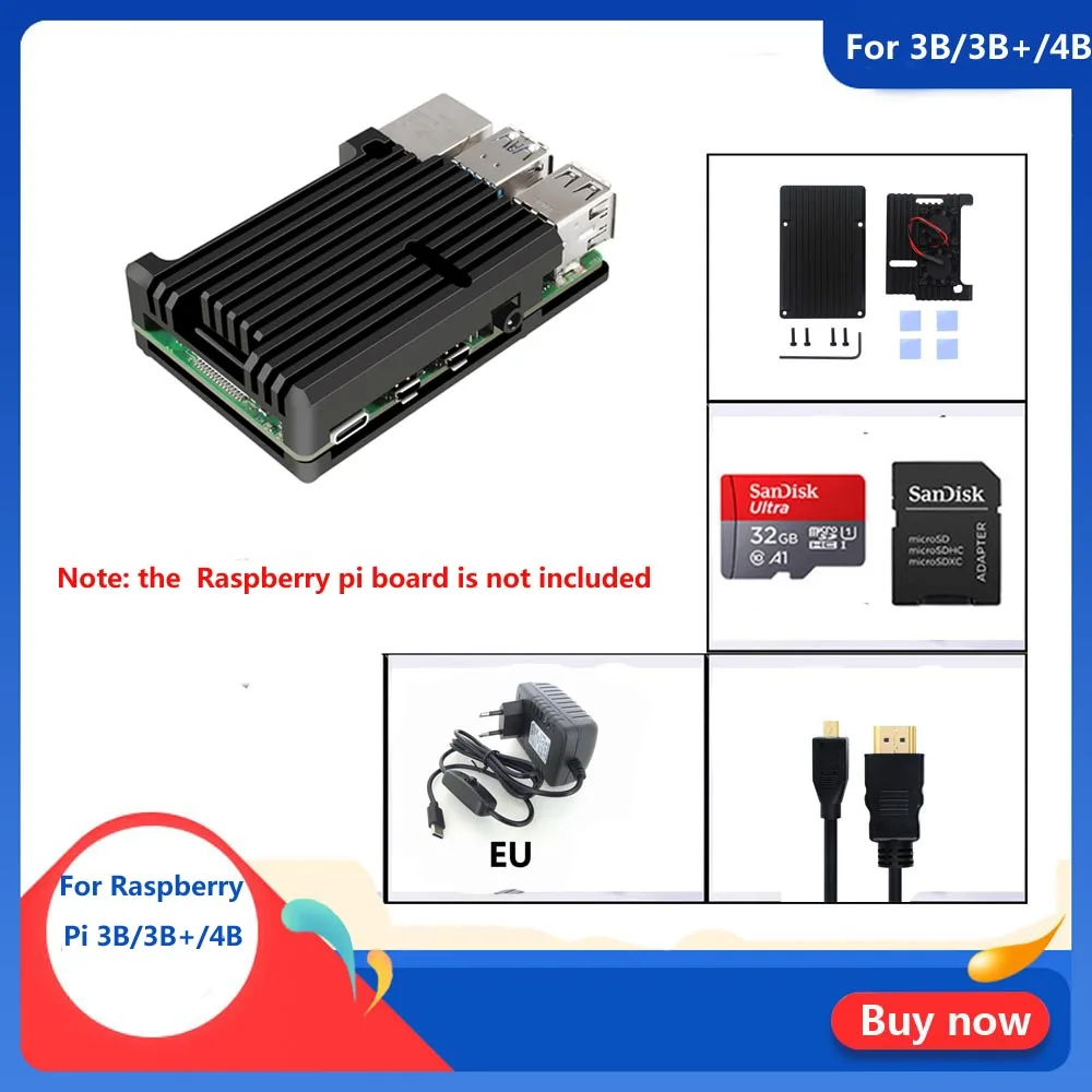  Raspberry Pi 3B/3B+/4B Armor Aluminum Alloy Case with 32GB SD Card+5V 3A power + HDMI for Raspberry