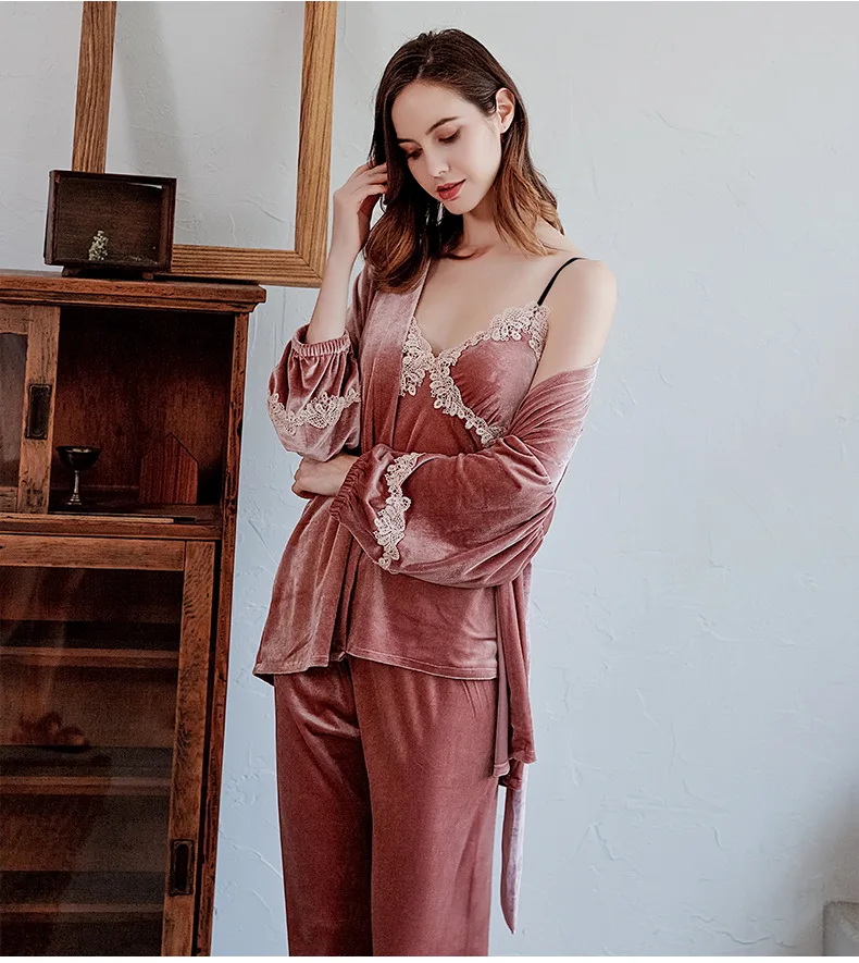 Pajamas for Women Gold Velvet Pajamas Autumn Version of Sexy Lace Sling Nightdress Robe Trousers Three-piece Home Clothes
