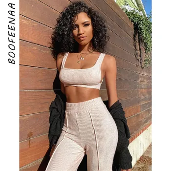 

BOOFEENAA Sexy Knit 2 Piece Pant Set Summer Clothing for Women 2pcs Loungewear Matching Sets Streetwear Tracksuit C97-AG36