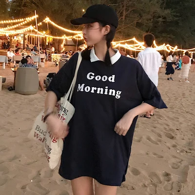 Черный Женские футболки в Корейском стиле Ulzzang, милая Повседневная Свободная футболка с коротким рукавом и мультяшным принтом, женская футболка Kawaii Ins, шикарный Топ для женщин - Цвет: Черный