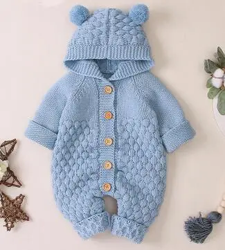 82W563 blue Детские комбинезоны для новорожденных; вязаный Осенний комбинезон с длинными рукавами и меховым воротником для мальчиков и девочек; зимняя детская одежда - Цвет: 82W563 blue