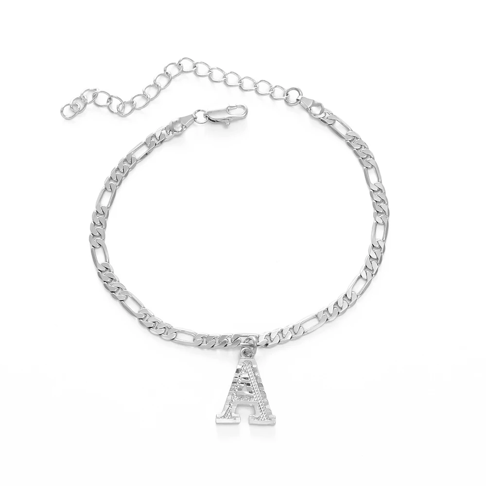 Anniyo 21cm+10cm Extender Chain/A-Z Initial Silver Color Letter Anklet Women Alphabet Jewelry Foot Chain Figaro Chains #233806B Anniyo 21cm+10cm Extender Chain/A-Z Initial Silver Color Letter Anklet Women Alphabet Jewelry Foot Chain Figaro Chains #233806B