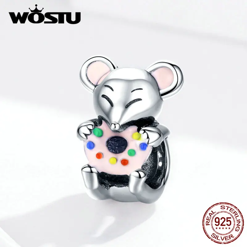 WOSTU, настоящее 925 пробы, серебряные маленькие бусины в виде Микки-Мауса, подвески в виде животных, подходят для оригинального браслета, подвески для женщин, изготовление ювелирных изделий CQC1318