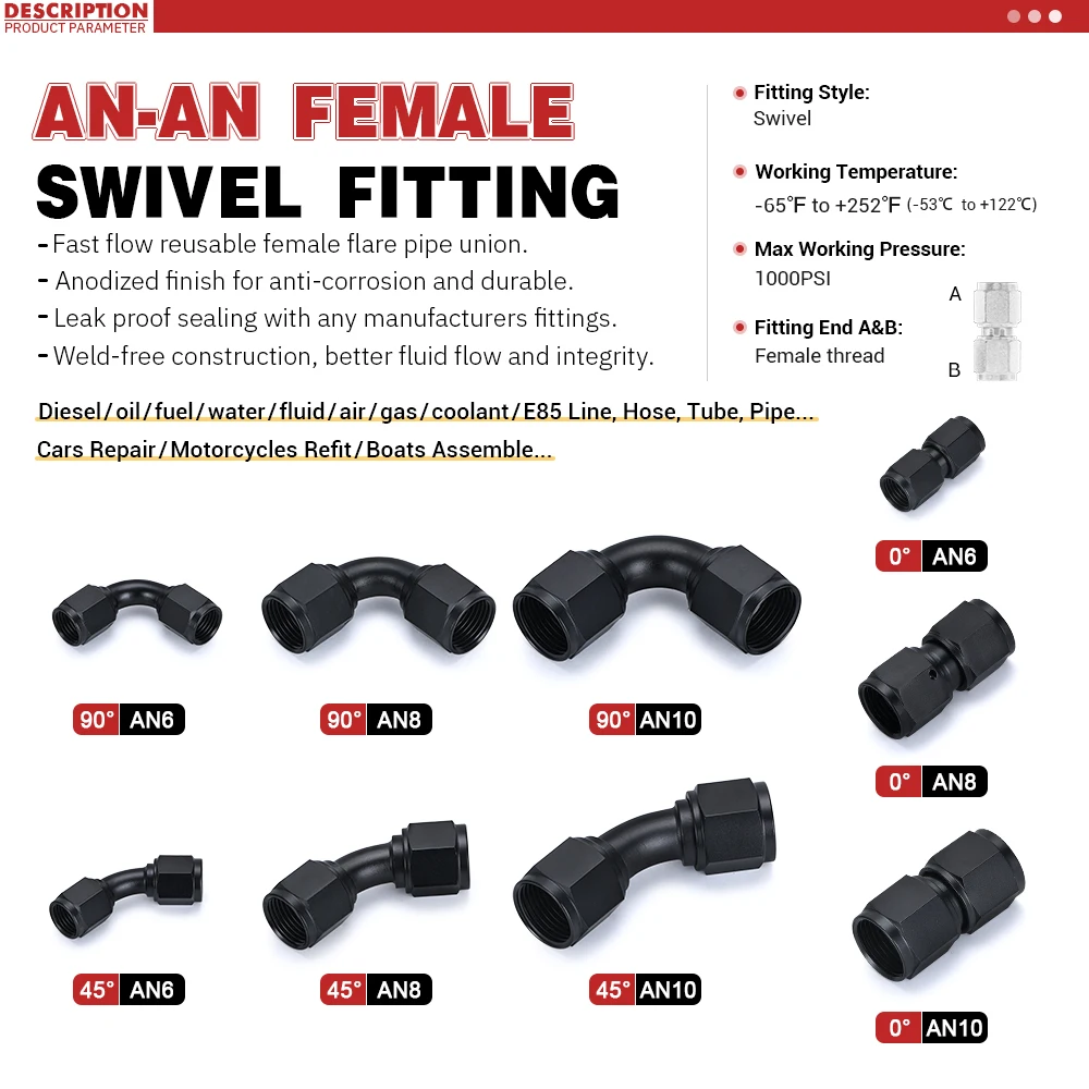 Universal 0 45 90 Degree AN6 AN8 AN10 Female to AN6 AN8 AN10 Female Hydraulic hose Elbow Oil Cooler Fitting Hose Fittings