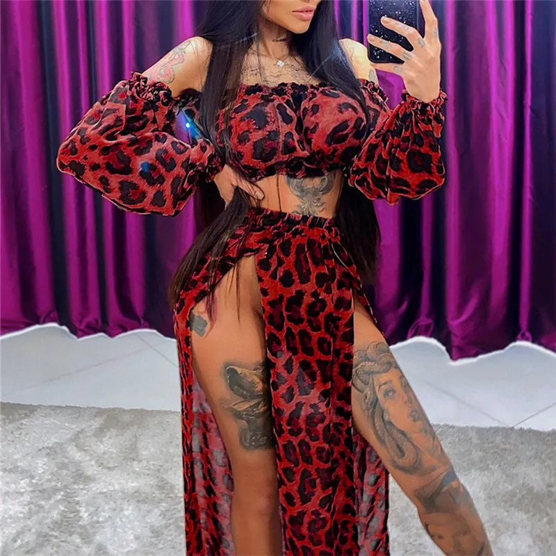 Women Beach 2pcs Leopard Bikini Cover-Ups Swimsuit Off Shoulder Top High Waist Beach Dresss Sexy Ladies Bikini Cover Up Beach cover Swimsuit cover Beach dress