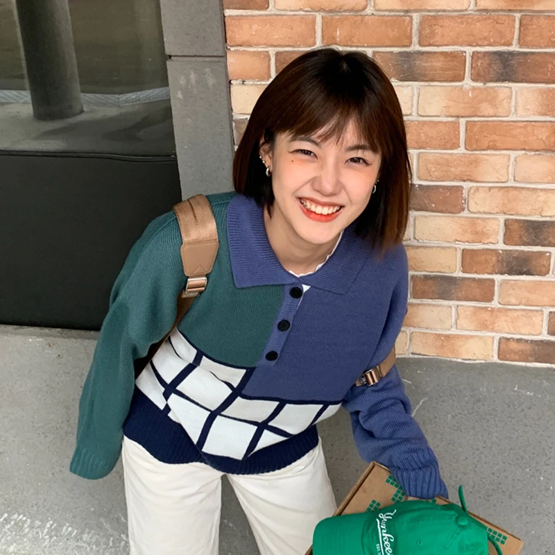 

2020 Autumn Winter Loose Women Sweater Preppy Style Acrylic Turn-Down Collar Long Sleeve Color Matching Patchwork Knit Sweaters