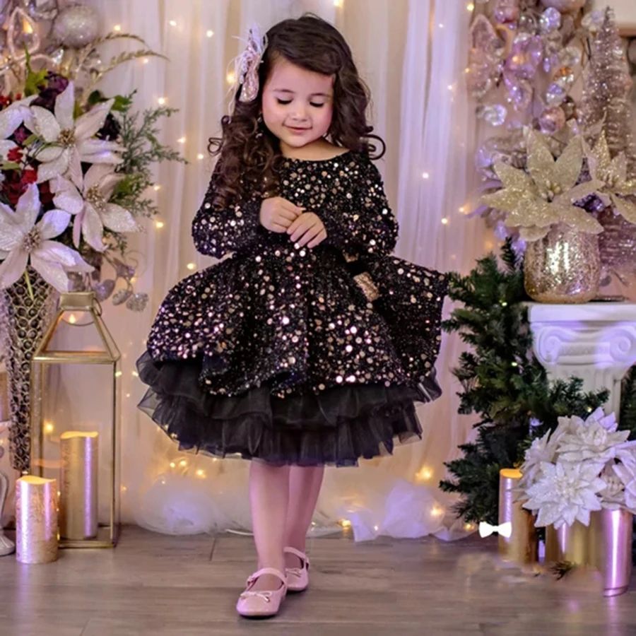 

2022 черные платья для девочек с цветами и золотыми блестками, с длинными рукавами и глубоким вырезом на спине, пышные платья для дня рождения, детское нарядное платье