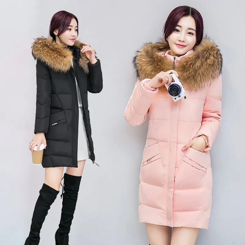 Winter Style down Jacket Women's Mid-length White Duck down Korean-style Slimming Cocoon Thick Large Size Dress Fur Collar