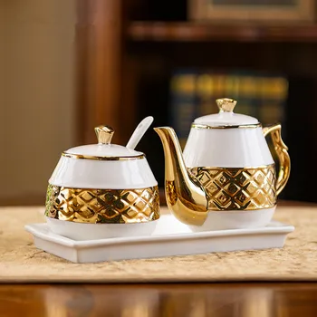 

High-quality Ceramic golden pot seasoning pot Hotel restaurant coffee Sugar bowl Teapot set combination delivery Tray Spoon