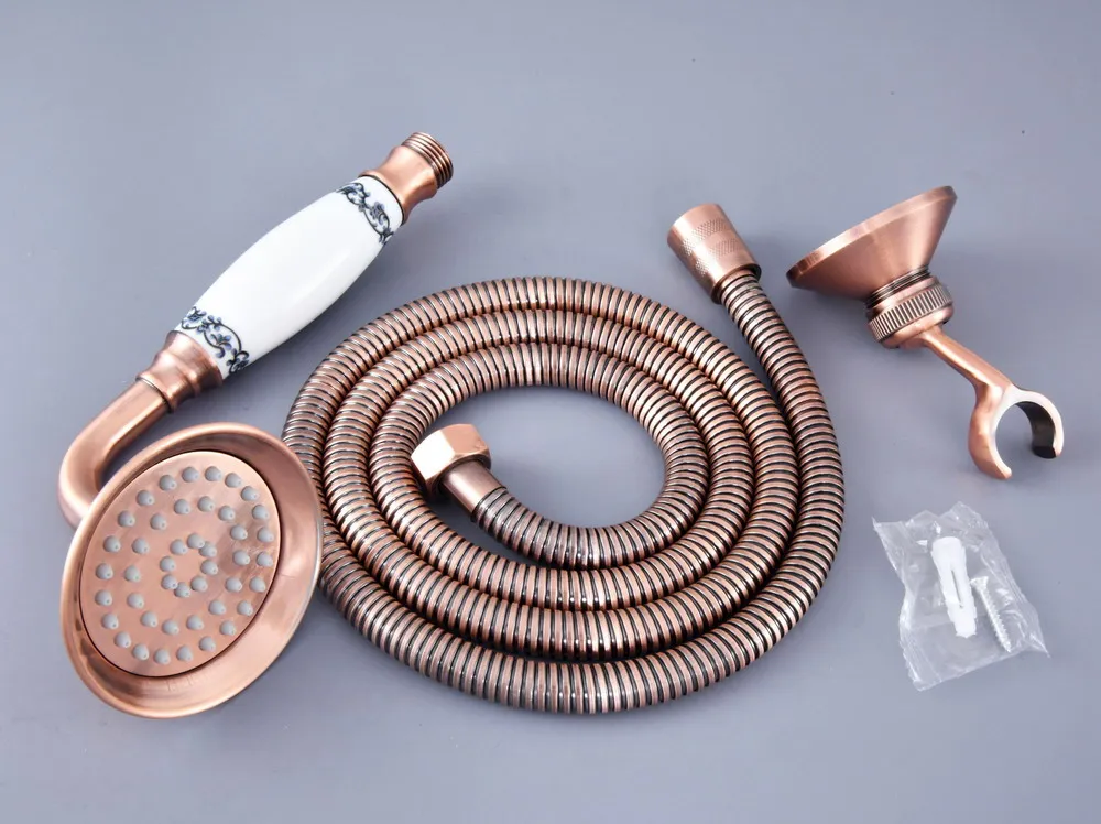 

Antique Red Copper Brass Hand Held Shower Head Wall Holder Bracket 1.5M Hose Set Water Saving Bathroom Handheld Sprayer ahh125